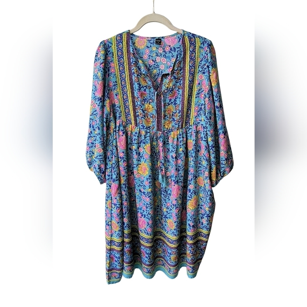 Emery Rose Colorful Floral Boho Lantern Sleeve Relaxed Tiered Smock Dress, M